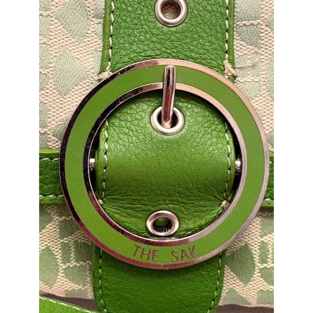 The Sak Pink Label Green Monogram Canvas Leather Trim Buckle Baguette Bag